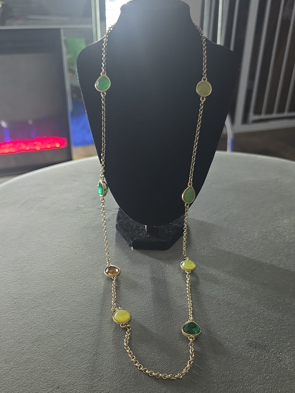Gold Long Necklace with Green and Yellow Gemstones